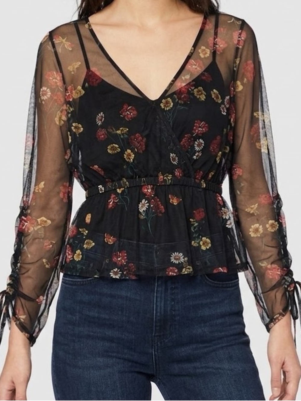Express Black Floral Sheer Lace Peplum Blouse Small